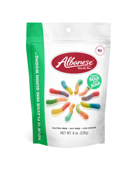 Albanese Confectionery-12 Sour Flavor Mini Gummi Worms 8 oz Peg Bag-53327-Legacy Toys